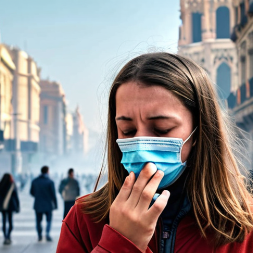 Home 4 **
A visual representation of PM2.5 pollution in a bustling European city like Barcelona or Madrid. Focus on the contrast between clear blue skies in the distance and a hazy, smog-filled foreground. Include people wearing face masks and emphasize the health impact with subtle visual cues (e.g., someone coughing, a child with an inhaler). The style should be realistic but slightly stylized to draw attention to the unseen danger of micro dust. Consider a muted color palette with pops of red to symbolize respiratory irritation.
**