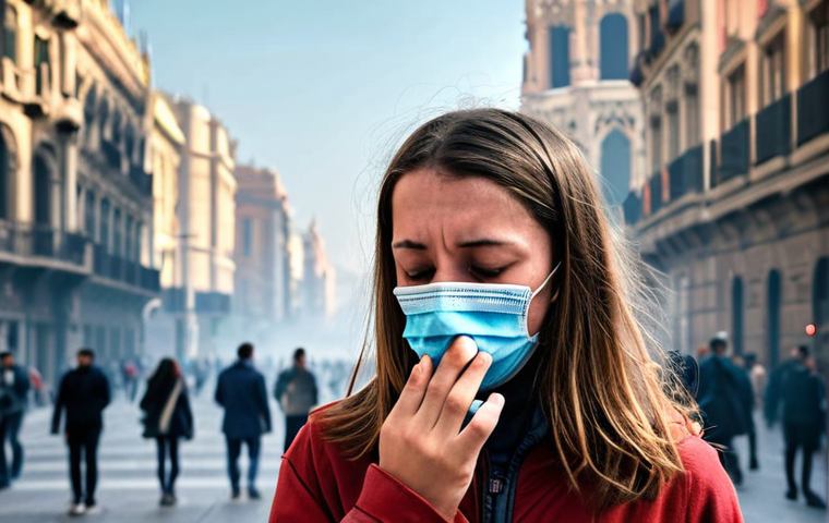 **
A visual representation of PM2.5 pollution in a bustling European city like Barcelona or Madrid. Focus on the contrast between clear blue skies in the distance and a hazy, smog-filled foreground. Include people wearing face masks and emphasize the health impact with subtle visual cues (e.g., someone coughing, a child with an inhaler). The style should be realistic but slightly stylized to draw attention to the unseen danger of micro dust. Consider a muted color palette with pops of red to symbolize respiratory irritation.
**