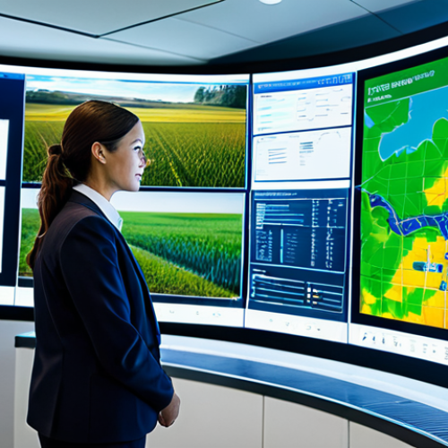Home 14 A professional female hydrologist in a modest business suit, standing in a state-of-the-art water management control center. Large, illuminated screens display complex data visualizations of real-time water levels, weather patterns, and predictive analytics. In the background, a drone equipped with sensors is visible, flying over a field with advanced, intelligent irrigation systems. The environment is modern, clean, and technologically advanced. Fully clothed, appropriate attire, safe for work, perfect anatomy, correct proportions, natural pose, well-formed hands, proper finger count, natural body proportions, professional photography, high quality, professional.