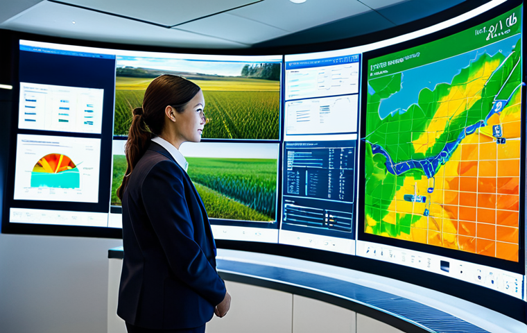 A professional female hydrologist in a modest business suit, standing in a state-of-the-art water management control center. Large, illuminated screens display complex data visualizations of real-time water levels, weather patterns, and predictive analytics. In the background, a drone equipped with sensors is visible, flying over a field with advanced, intelligent irrigation systems. The environment is modern, clean, and technologically advanced. Fully clothed, appropriate attire, safe for work, perfect anatomy, correct proportions, natural pose, well-formed hands, proper finger count, natural body proportions, professional photography, high quality, professional.