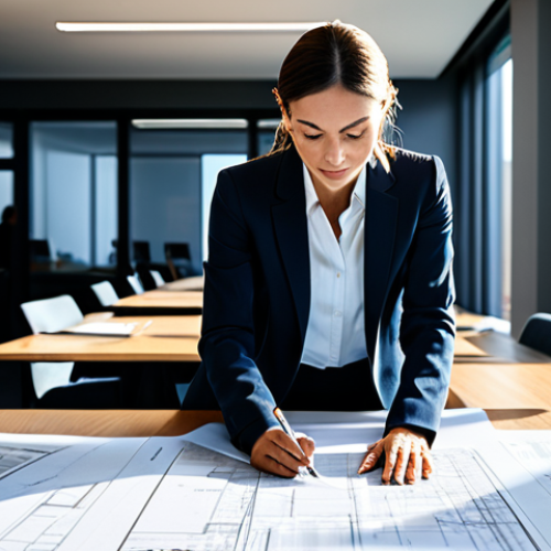 Home 7 **
A dynamic shot of a female architect in a modern, sunlit office. She is reviewing blueprints with a diverse team, all fully clothed in business attire. The scene should convey collaboration and innovation. Emphasize perfect anatomy, correct proportions, and natural poses. Safe for work, appropriate content, fully clothed, professional. High-quality rendering.
**