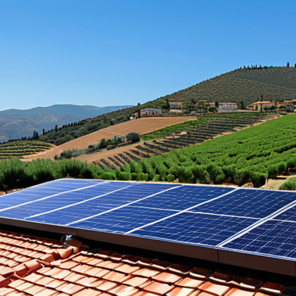 지구과학과 환경 교육 - **Renewable Energy:** "A vibrant solar panel installation on a tiled Spanish roof under a bright, su...