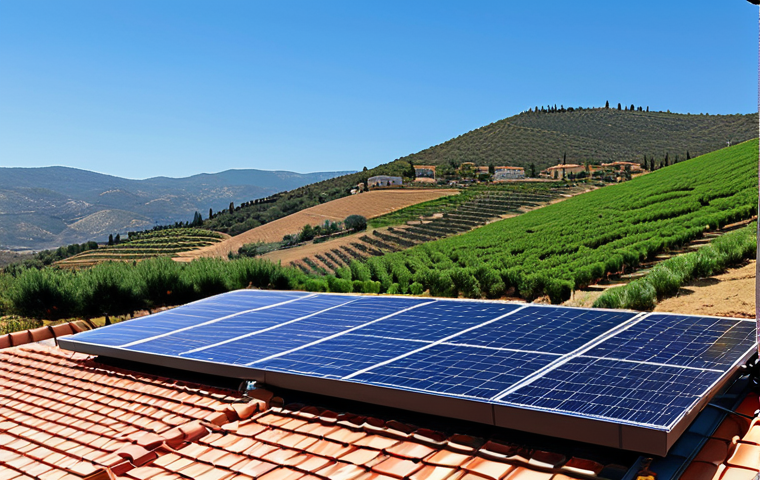지구과학과 환경 교육 - **Renewable Energy:** "A vibrant solar panel installation on a tiled Spanish roof under a bright, su...