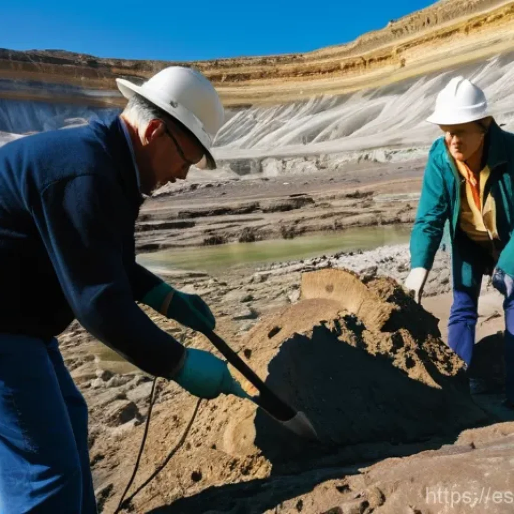 지구과학과 지층 분석 - **Prompt:** A serene and expansive view of a geological excavation site, bathed in the soft glow of ...