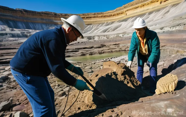 지구과학과 지층 분석 - **Prompt:** A serene and expansive view of a geological excavation site, bathed in the soft glow of ...