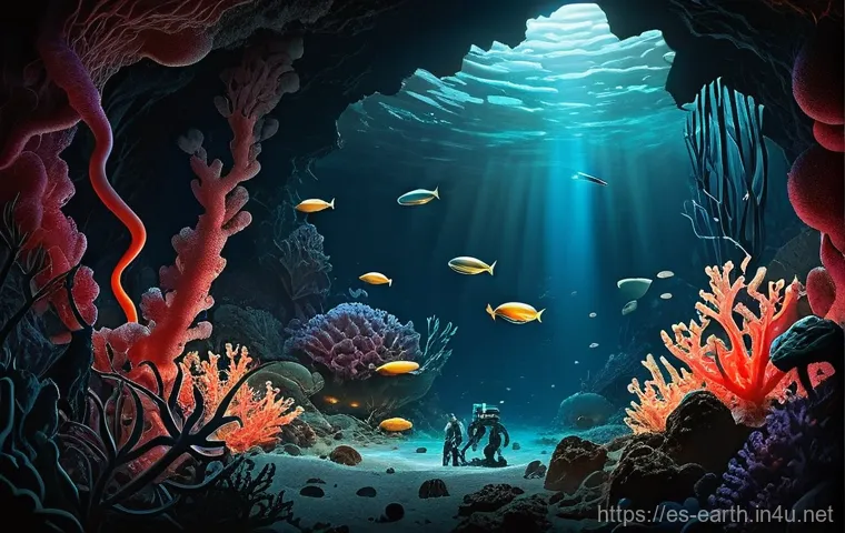 지구과학과 심해 탐사 - **Prompt:** A vibrant, highly detailed illustration of a thriving ecosystem around a deep-sea hydrot...
