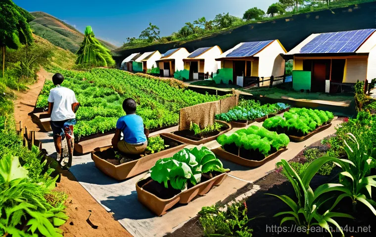 지구과학과 지속 가능성 연구 - **Prompt:** A vibrant, panoramic view of a sustainable Latin American community nestled within a lus...