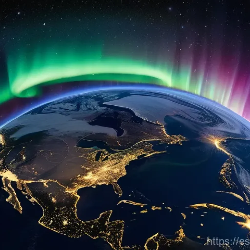 지구과학과 태양 활동 - "A breathtaking wide-angle shot from space, showcasing a vibrant Earth enveloped by its dynamic, shi...