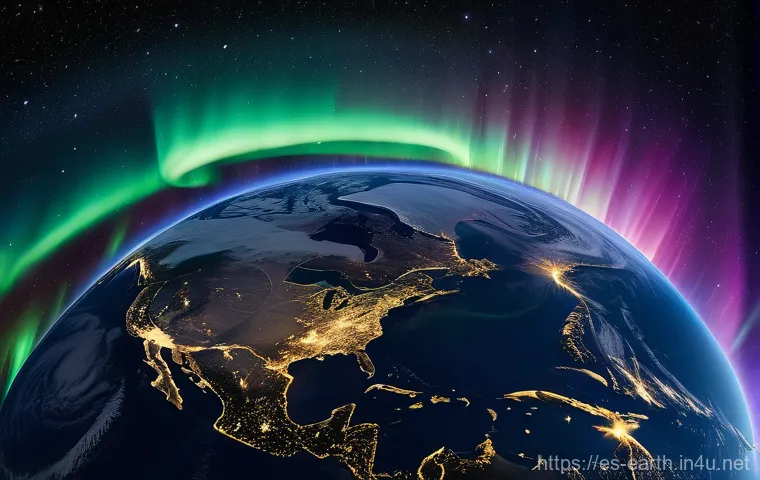 지구과학과 태양 활동 - "A breathtaking wide-angle shot from space, showcasing a vibrant Earth enveloped by its dynamic, shi...