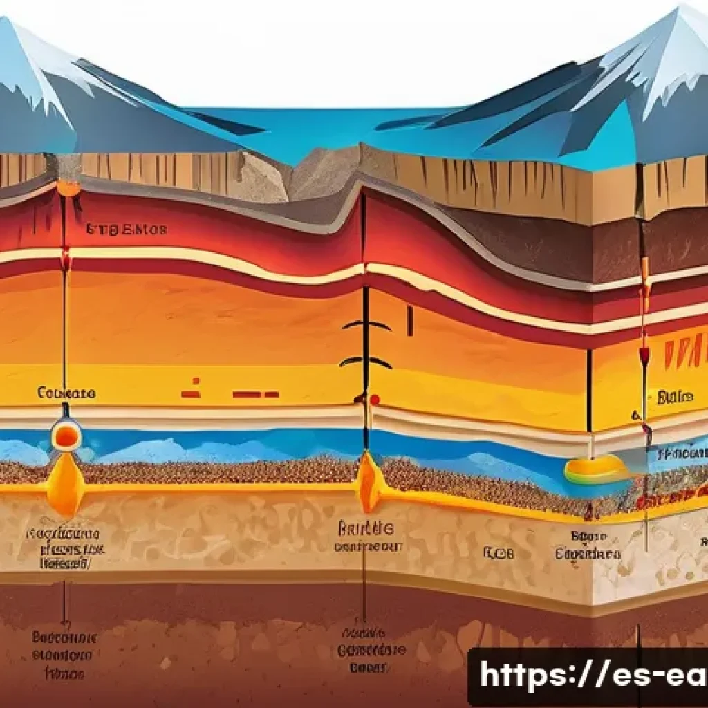 지구과학과 지열 에너지 - A detailed cross-sectional illustration of the Earth&rsquo;s crust and mantle showing intense heat sources...