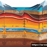 Home 19 지구과학과 지열 에너지 - A detailed cross-sectional illustration of the Earth’s crust and mantle showing intense heat sources...