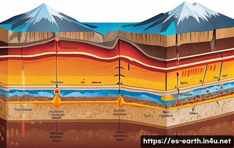지구과학과 지열 에너지 - A detailed cross-sectional illustration of the Earth&rsquo;s crust and mantle showing intense heat sources...
