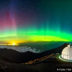 지구과학과 우주 기상 - Photorealistic night view from a high-altitude observatory on Tenerife, Spain, a large white astrono...