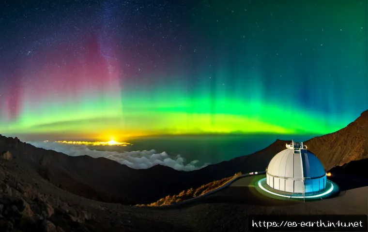 지구과학과 우주 기상 - Photorealistic night view from a high-altitude observatory on Tenerife, Spain, a large white astrono...