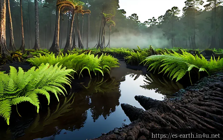 지구과학과 석탄 형성 - Photorealistic Earth science scene of a lush prehistoric swamp forest in northern Spain, giant ferns...