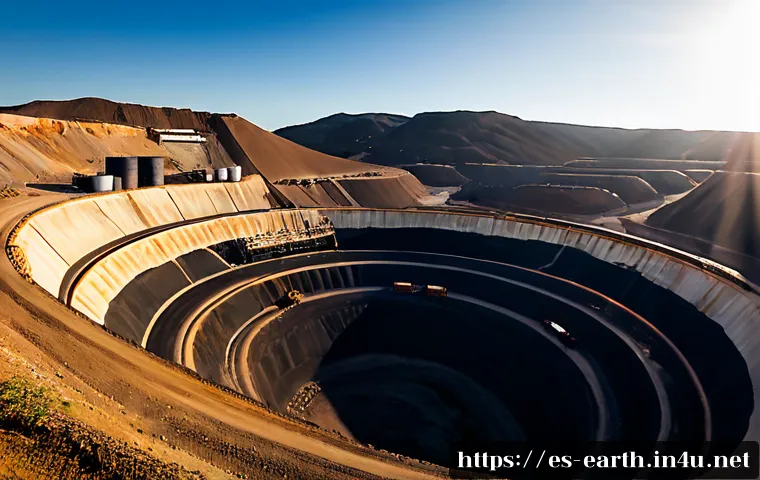 Home 17 지구과학과 화석 연료 고갈 - Photorealistic wide-angle scene of an open-pit fossil fuel mine in a dry Spanish landscape, massive ...