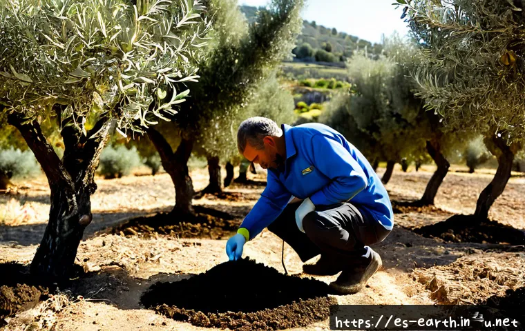 지구과학과 토양 오염 - Photorealistic environmental science field study in a rural Spanish olive grove, a middle-aged soil ...